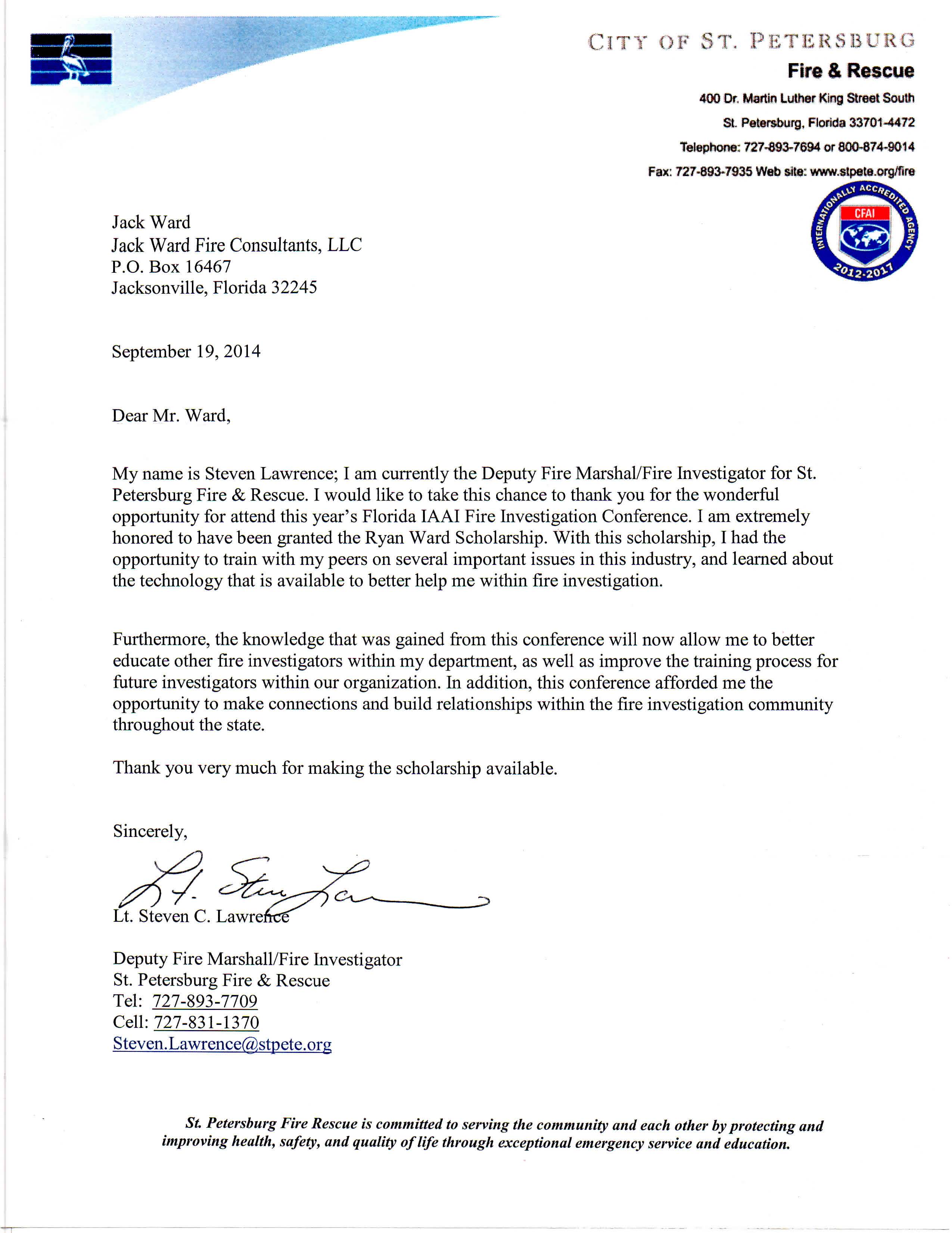 FL IAAI Ryan Ward Scholoarship; 9-29-14